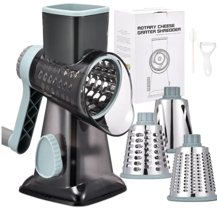 Rotary Cheese Grater with Handle Kitchen Shredder Slicer Grater Slicer Ice Shaver Cheese Vegetable Nuts Potato Zucchini Chocolate 3 Interchangeable Blades (GreyBlue