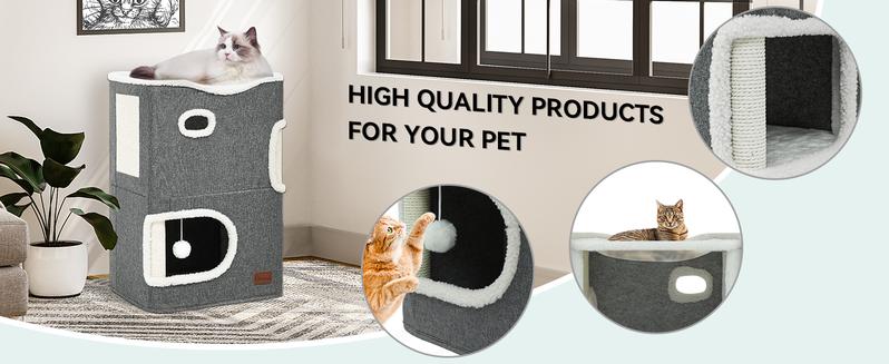 YIATHOME 2 Storey Cat House, Cat Beds for Indoor Cats, Small Cat Condo with Scratch Post and Hideaway Cave, Cat Cube Playhouse for Multi Kittens, Grey
