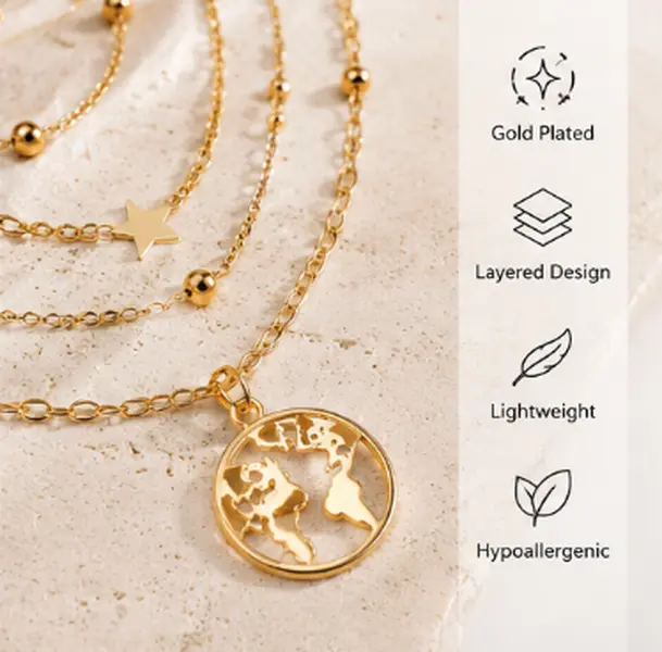 Women's Stainless Steel 4-Layer World Globe Necklace - Hypoallergenic, Oxidation-Resistant, Star & Round Disc Beaded Stackable Choker, Trendy Wanderlust Travel Jewelry Gift, Resistant Oxidation