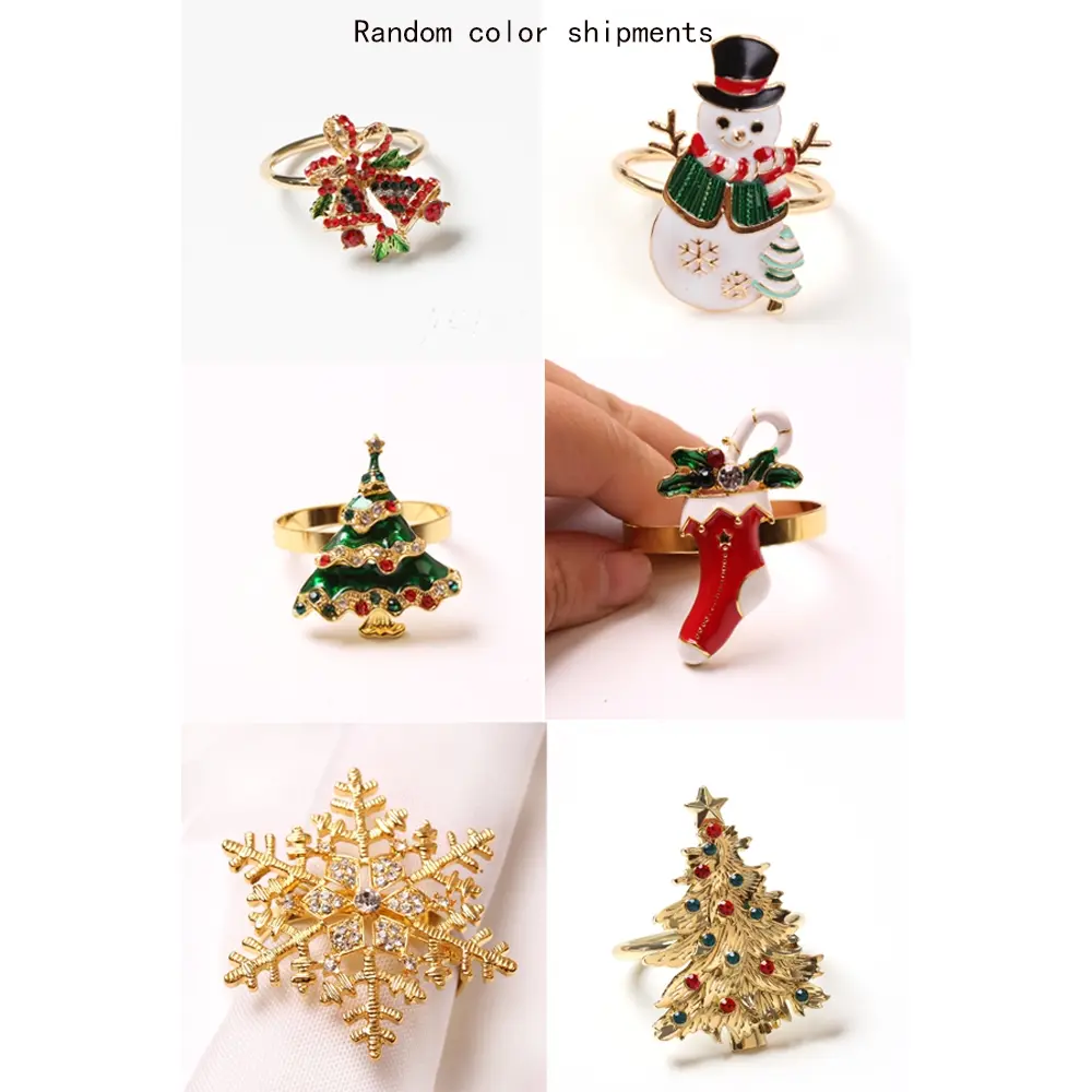 6pcs Christmas Napkin Rings Set, Festive Table Decorations, Ornaments Decor, Colorful Diamond Tree, Snowman, Bell, Snowflake Design, Perfect for Holiday Dining