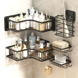 No Drill Bathroom Corner refrigerator Shelf, Adhesive Shower Caddy with Hooks, Rustproof Wall Mounted Organizer for Toilet, Kitchen