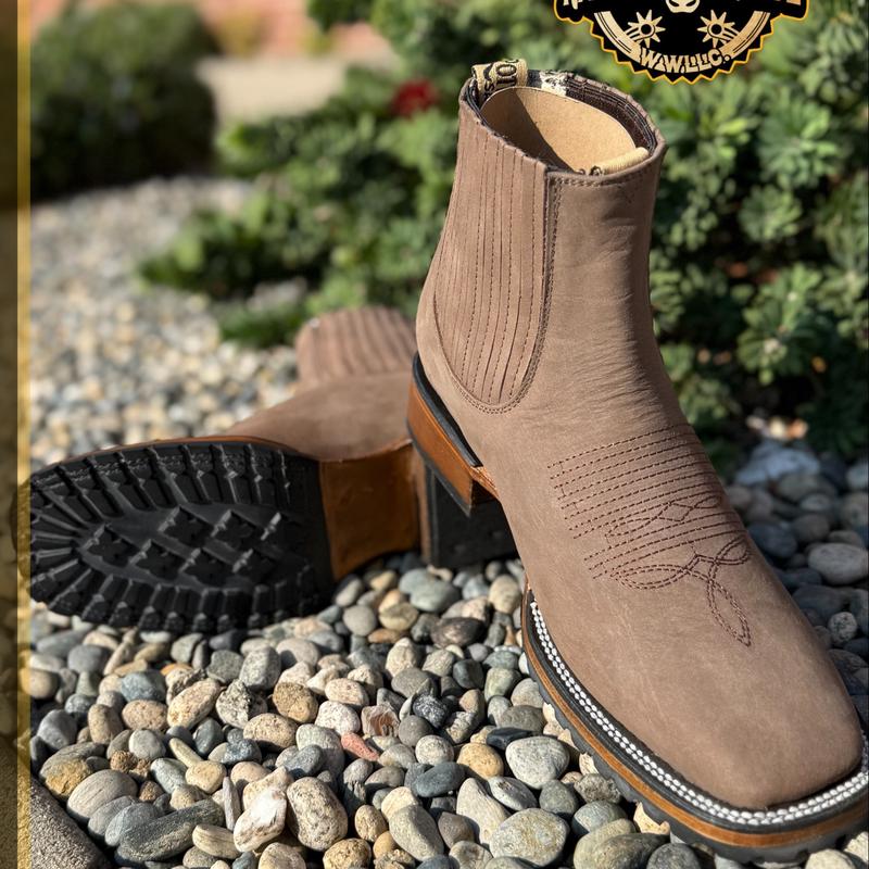 911 Nobuck Camel Leather Square Toe Chelsea Boots Ankle Casual Botin / Botas / boots S/Tractor