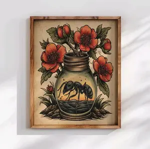 Vintage Ant Art Print, Traditional Tattoo Style Insect in Glass Jar Florals, Gothic Botanical Wall Art, Insect Entomology Cottagecore Decor