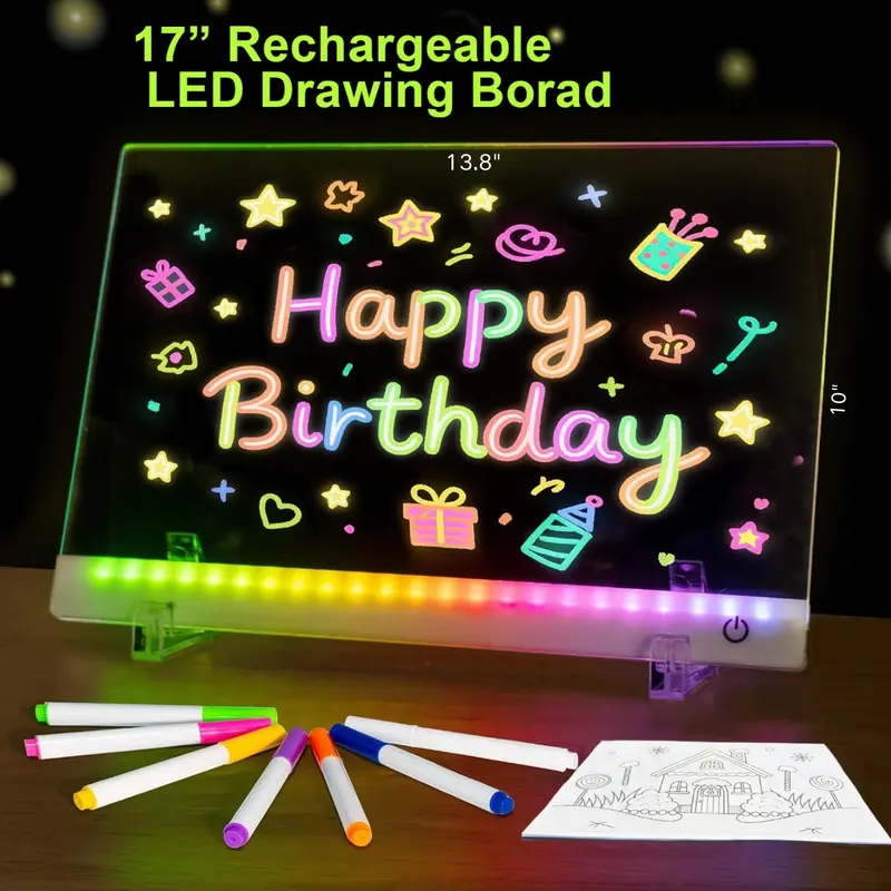 17” Rechargeable LED Drawing Board with 11 Light Modes, Light-Up Acrylic Message Board & DIY Night Light, Includes 8 Line Art Sheets, Stand & Hanging Chain, Neon Dry Erase Board for Kids, Dorm, Office & Store Display