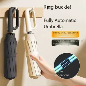 Automatic umbrella rib windproof design with loop closure, portable folding travel umbrella suitable for both men and women, thickened wind-resistant outdoor essential fashion accessory