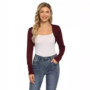 Clearlove Women's Long Sleeve Cardigan Knit Sweaters Cropped Open Front Bolero Shrug for Dresses - Burgundy,Small
