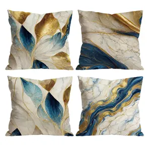 Blue & Gold Marble Throw Pillow Covers Set of 4 | Abstract Leaf & Ink Art Decor for Room Bedroom Chair Car Sofa Couch 0305YD