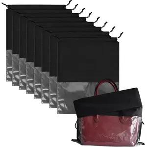 8PCS Dust Bags for Handbags Jumbo Travel Shoe Bags Purses Organizers Storage Bags with Rope Clear Window Dustproof Drawstring Bag Storage Pouch for Men and Women - Black, 19.7 x 15.7 in