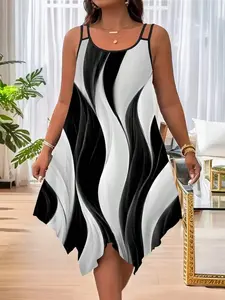 Plus Size Women Casual Striped Print Asymmetric Hem Camisole Dress