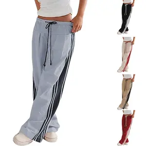 Kingapril Women's Wide Leg Pants Drawstring High Rise Side Striped Slouchy Palazzo Pants with Pockets Wideleg Womenswear