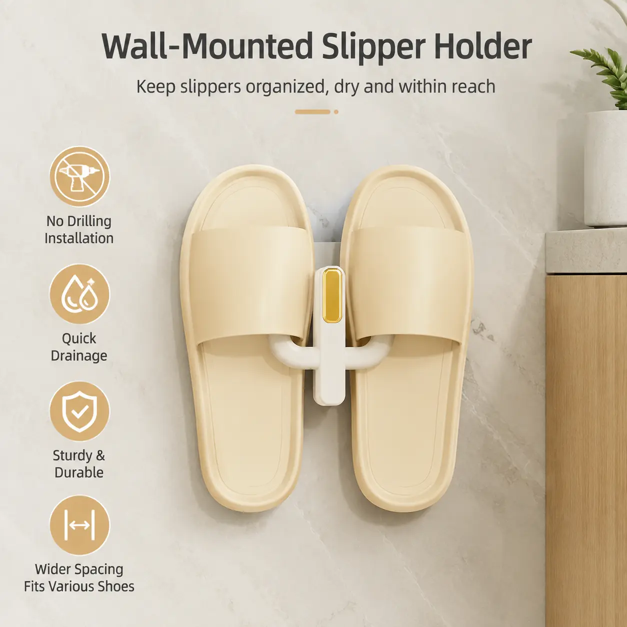 1 Count Wall Mounted Slipper Storage Rack, No Drill Strong Adhesive Hanger for Bathroom Wall Household Slipper Organizer