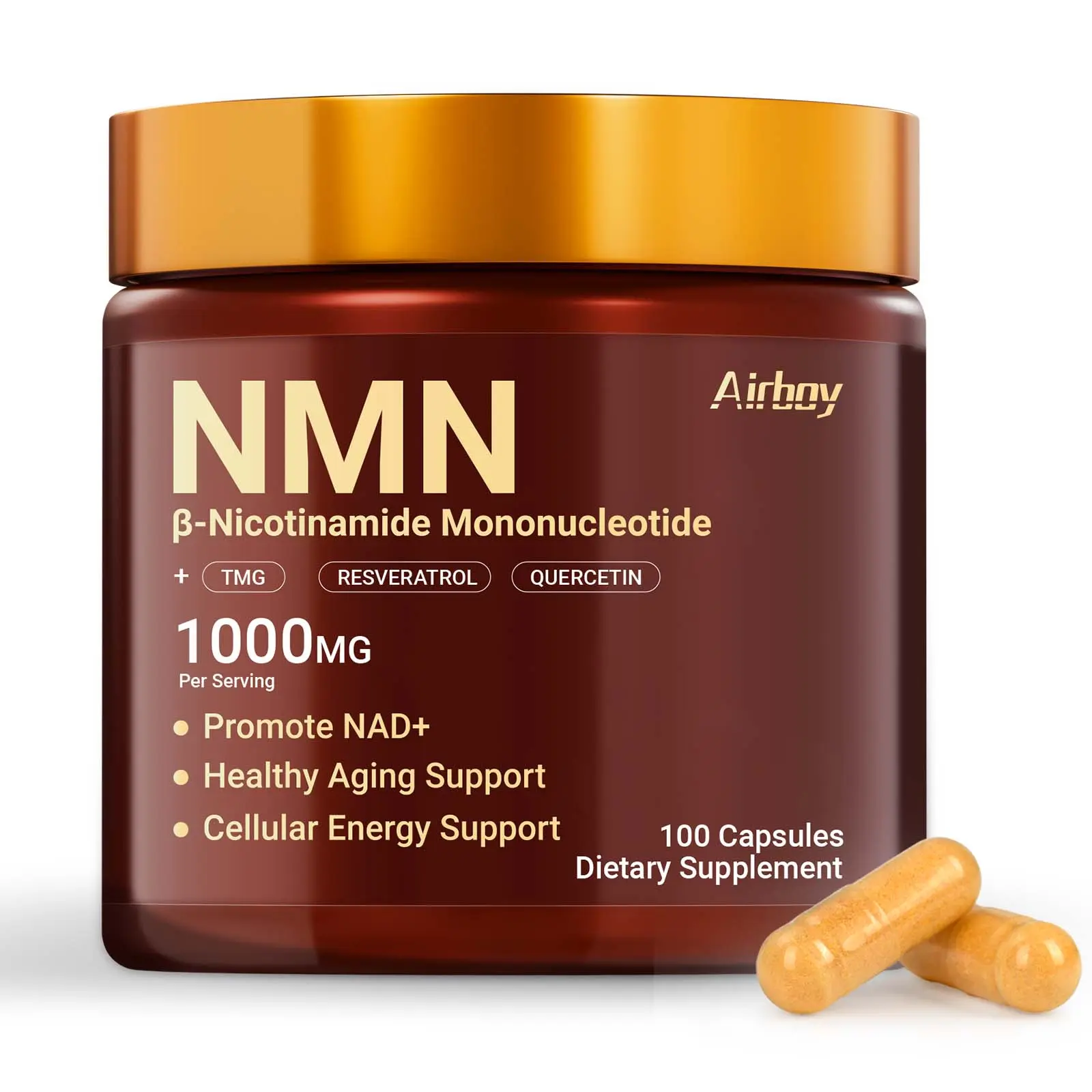 Airboy 4-in-1 NAD+ Supplement Tablets - 1000mg Nicotinamide Mononucleotide, Resveratrol, TMG, Quercetin, NMNH Alternative for Energy & Focus - 100 Count Tablet Bottle