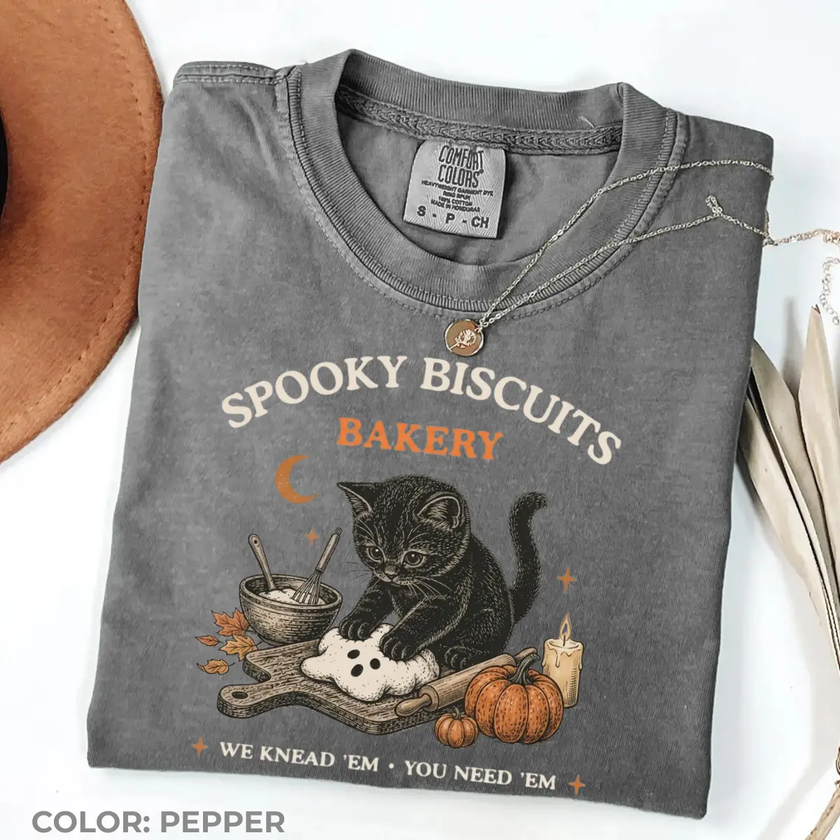 Comfort Colors Spooky Biscuits Bakery Shirt, Black Cat Halloween Graphic Tee, Ghost Biscuit Funny Baking T-Shirt