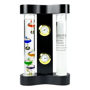 Analog Weather Station, with Galileo Thermometer, a Precision Quartz Clock, Analog Hygrometer, and Fitzroy Storm Glass Weather Predictor, 5 Multi-Colored Spheres (7'' x 4.25''), Matt Black