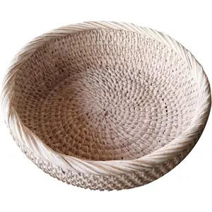 Wash White Round Rattan Bowl Basket,White Decorative  Wicker Key Holder, Decorative Woven Rattan Basket Tray with Wrapping Edge and 2 Inch Deep Wall,7.9"x2.4"