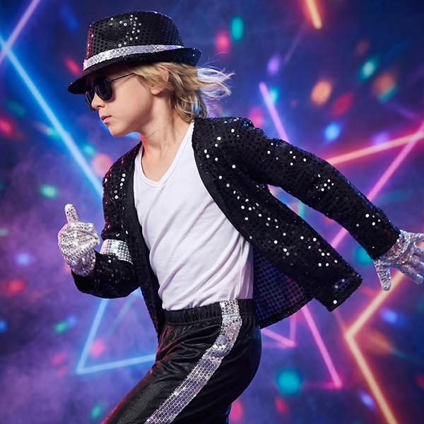 Boys' 80s-90s Pop Dance Costume Full Set - Polyester Sequins Criss Cross Striped T-Shirt & Pants, Sunglasses Included, Costumes with Accessories for Halloween, Cosplay Gear, 4-5/13-14Y Halloween Aesthetic Outfit
