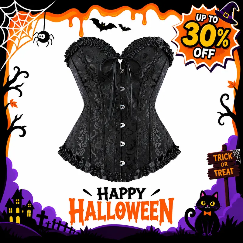 Women's Witchy Fit Gothic V-Neck Boned Retro Corset - Wrap Fabric Vintage Bustier Top with Lace-Up Back for Halloween Party, New Year Cosplay 819AJ-D