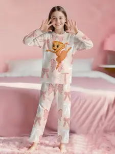 2-piece girls' digital printed long-sleeve pajamas with long pants, featuring a foundation bow ballet teacup design. Made of flame-retardant fabric, stylish, casual, soft and skin-friendly. 100% polyester home pajama set for comfortable sleep,