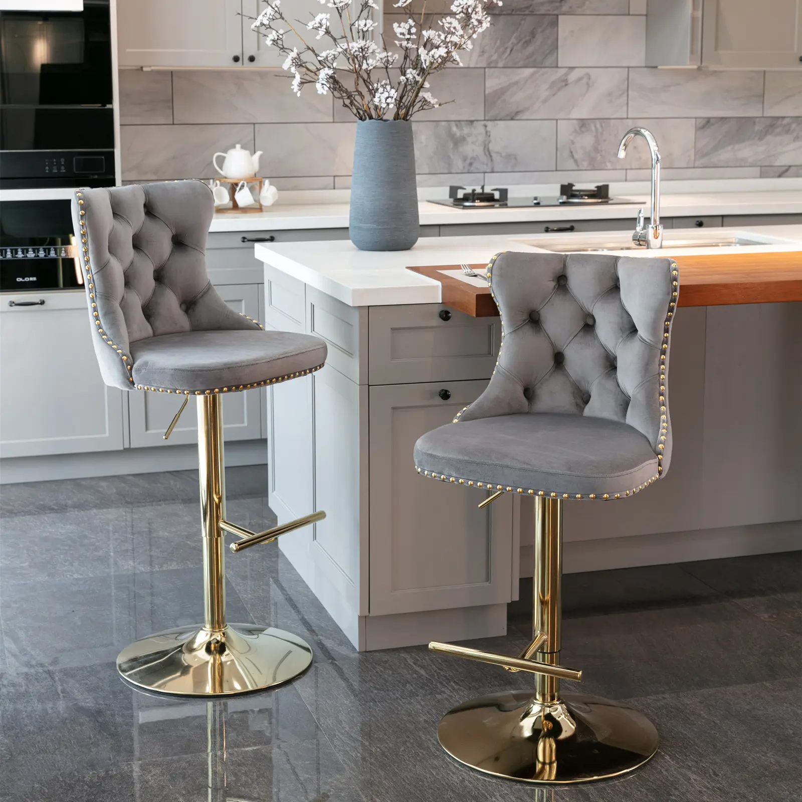 Dreamzon Furniture Luxury Golden Armless Modern Swivel Velvet Bar Stools (Set of 2, Gray) - 25-33 in Adjustable Height, Tufted Upholstered Backs, Stylish Design, Ideal for Interior Use, Durable Swivel Chairs for Home Bar, Kitchen Island