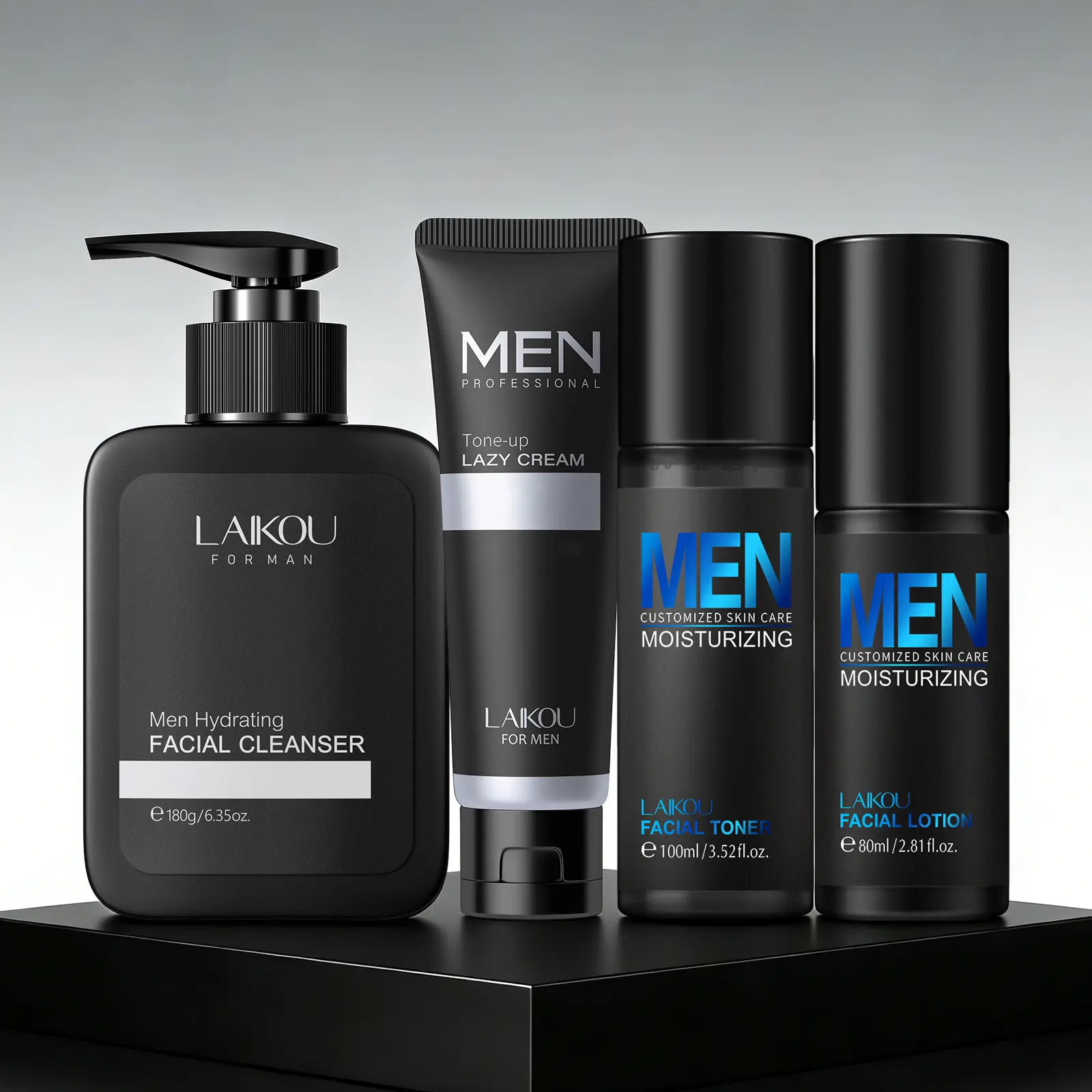LAIKOU Male 4-Step Skin Care Kit - 100ml Liquid Cleanser, Toner, Lotion & Solid Tone-Up Lazy Cream for Fresh, Bright, Natural-Looking Skin