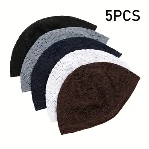 5pcs Stylish Kufi Caps for Ramadan - Lightweight, Knit Polyester Prayer Caps in Black, White, Gray, and Brown - Perfect for Muslim Men, Casual Attire, and Festive Occasions, Festive Headgear |   Stylish Kufi Cap |   Lightweight Cap