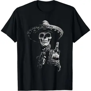 Unisex Vintage Skeleton Tequila Mexico Dia De Los Muertos Mexican T-Shirt Men's Women's Vintage Gaphic Casual Tshirt