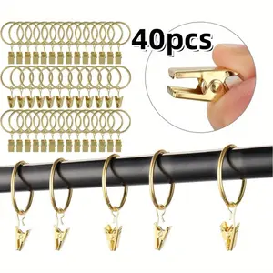 40 Pieces of Gold Curtain Rings with Clips, Inner Diameter 1.26 Inches, Can Accommodate Up To 1 Inch Curtain Rod, Used for Bathrooms, Living Rooms, and Guest Rooms
