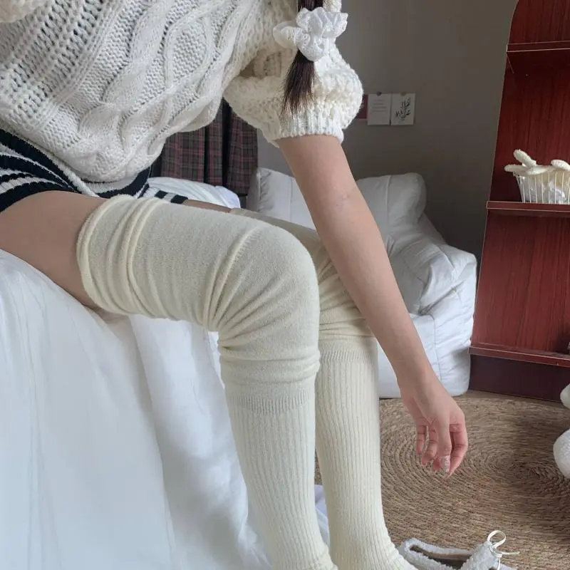 Women's Autumn Winter Fuzzy Fleece Thick Warm Solid Color Over-the-Knee High-Tube Socks, Japanese Style Patchwork Boot Socks