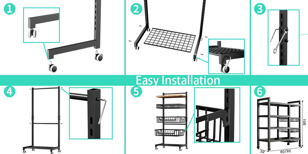[Multi-Purpose] Metal Rolling Kitchen Storage Rack with Open Baskets – Black 3-Tier / 4-Tier Wheeled Organizer Cart, Multifunctional Floor Storage Stand, Efficient Space-Saving Kitchen Organizer and Storage Rack