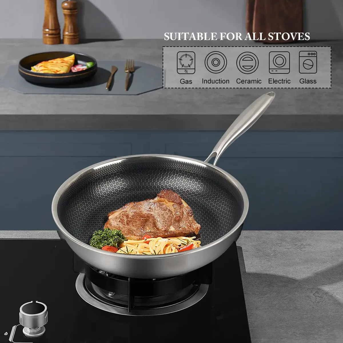 Stainless Steel 304 Honeycomb Flat Bottom Frying Pan, Omelette Pan, Cookware, Compatible with Induction Cooktops, Suitable for All Stoves, Essential Kitchen Tool, Stainless Steel Pans