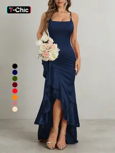 Elegant Halter Neck Ruffle Split Dress Navy Blue, Slim-Fitting Plain Design, Perfect for All Seasons, Women's Fashionable Formal Party Wear Elegance Womenswear