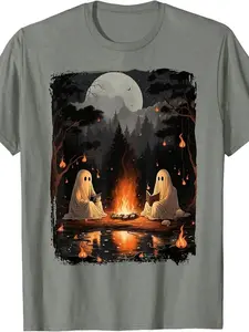 Halloween Tshirt, Vintage Ghost Book Reading Camping Goth Halloween Teacher Comfortable Casual Crew Neck Short Sleeve Medium Stretch Cotton T-Shirt for Men - Machine Washable.