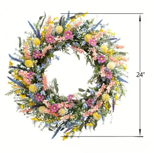 Spring Summer Wreath, Vibrant Daisies and Lavender, Durable Artificial Hanging Flower Ring, Natural Farmhouse Front Door Decor, Indoor Outdoor Home Decoration
