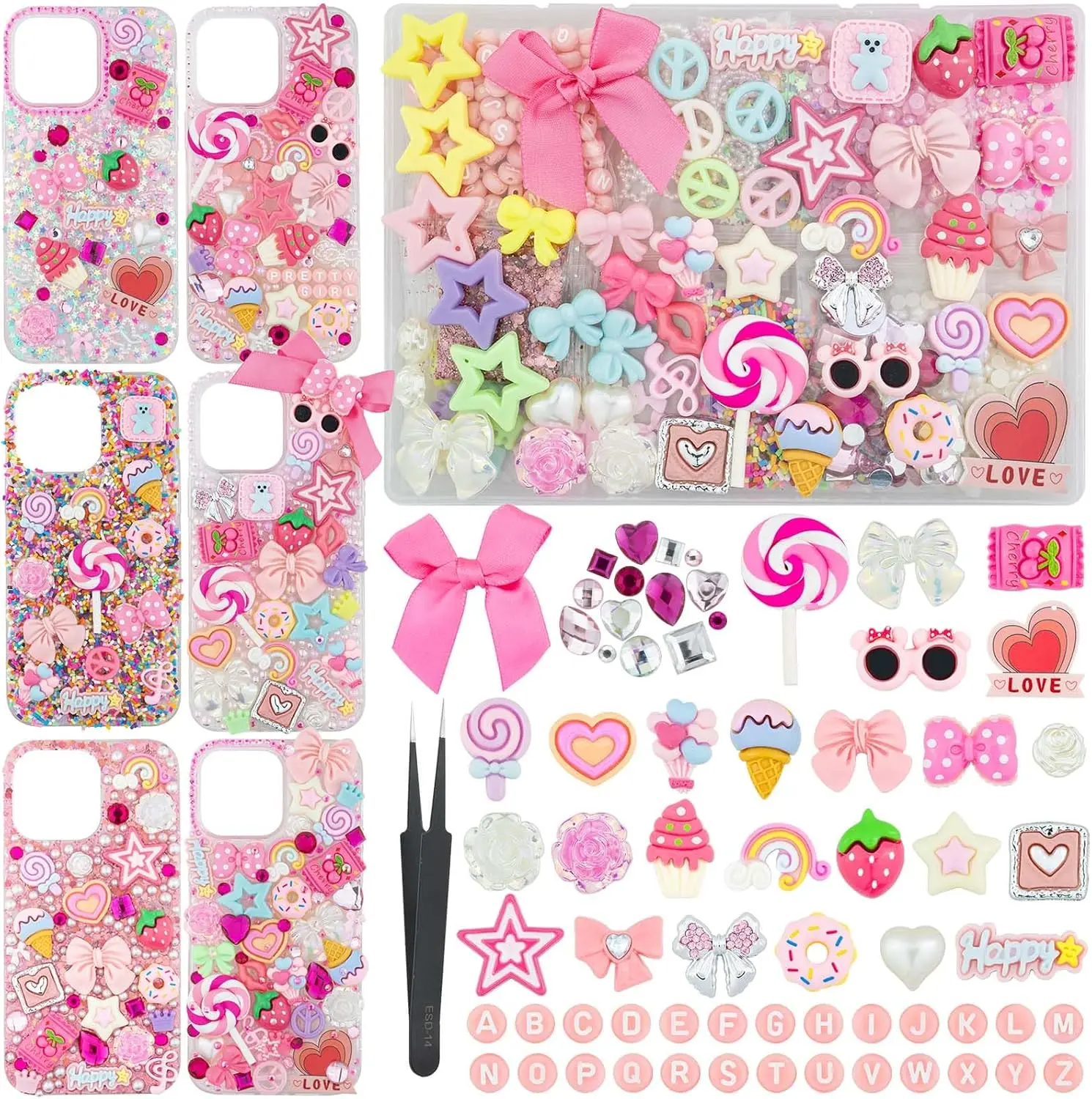 1430-Count DIY Smartphone Junk Phone Case Decoration Kit - Kawaii Bows, Letter Beads, Synthetic Flatback Stones, Candy-Style Charms & Beads Accessories for Maximalist Look Cover Customization