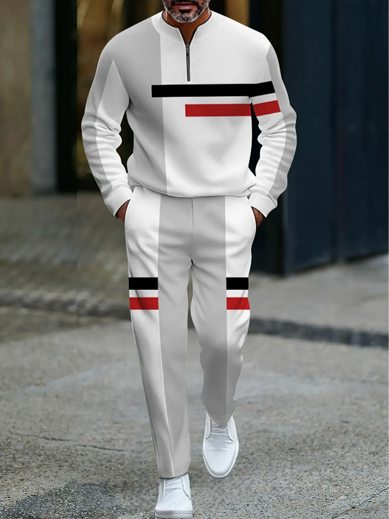 Men's 2-Piece Casual Tracksuit, Geometric Print Polyester Long Sleeve Stand-Up Collar Polo Shirt and Pants Set, Menswear