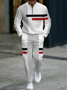 Black Friday Men's fashionable casual long-sleeved stand-up collar polo shirt and trousers set, decorated with geometric patterns, made of polyester fabric, suitable for all seasons, casual and versatile | Geometric pattern top | Polyester fabric Striped