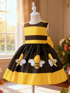 Girl's Colorblock Striped & Cartoon Bee Print Backless Dress, Sleeveless Dress, Cute Bow Back Plicated Princess Gown, Kids Clothes for All Seasons