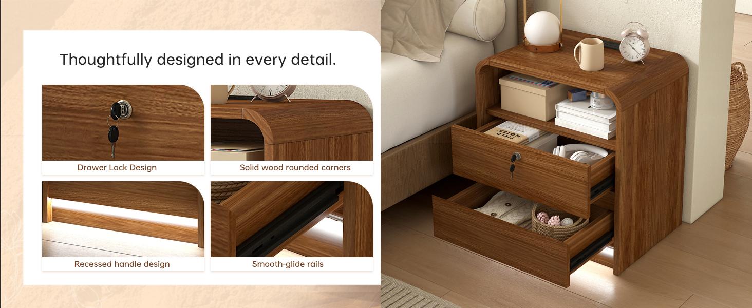 Messenya Walnut Nightstand with Charging Station, Motion-Activated LED Light & Lockable Drawer, 21" Mid Century Modern Bedside Table with Rounded Corner Anti-Collision Design for Bedroom, Dorm