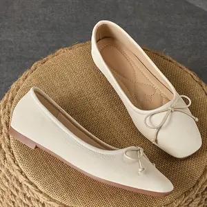 [Comfortable Ballet Flats with Bowknot] Chic Women's Ballet Flats with Bowknot - Comfortable Slip-On Square Toe Shoes, Non-Slip Rubber Sole, Versatile for All Seasons