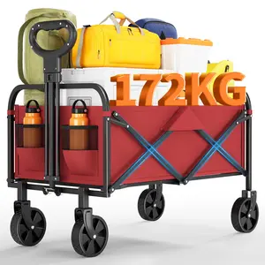 Gaomon Heavy-Duty Steel Frame Collapsible Outdoor Utility Wagon Cart, 380Lb Capacity, 5" All-Terrain Pull Wheels, Drink Holders, Red (for Grocery Shopping)