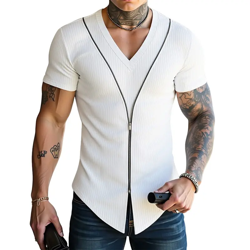 INCERUN Men's Basic Fitted V-Neck Cut Short-Sleeve Polyester-Stretch Spandex T-Shirt - Textured Zip Detail Menswear Top