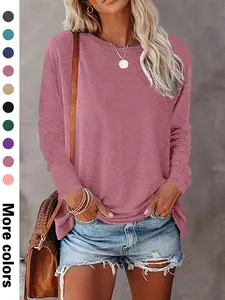 Women's Plain Drop Shoulder Long Sleeve Tee, Casual Basic Crew Neck T-Shirt for Fall & Winter, Women's Top for Daily Wear