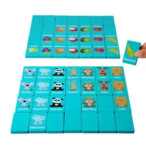 Wooden Dominoes Game, Animal & Fruit Pattern Logic Thinking Training Dominoes, Parent-child Interactive Board Game Toy