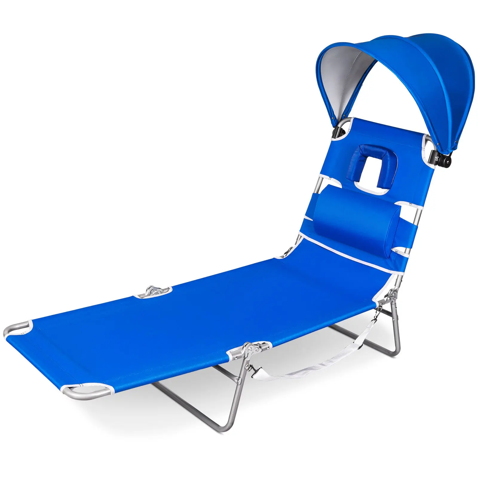 SUNSPIRE Folding Beach Lounge Chair with Canopy Pillow Side Pocket, Portable Reclining Sun Lounger for Beach Pool Patio