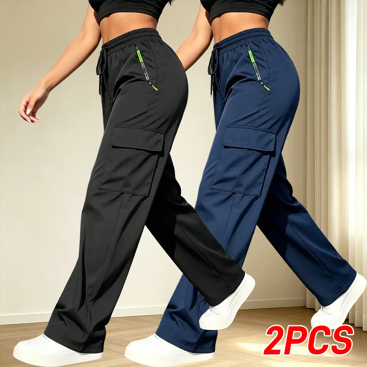 Women’s two-pack summer fashion cargo straight-leg pants with flap patch pockets and an elastic waistband with drawstring; suitable for everyday casual wear, outdoor activities, dates, and shopping trips; great as a gift for loved ones and friends.