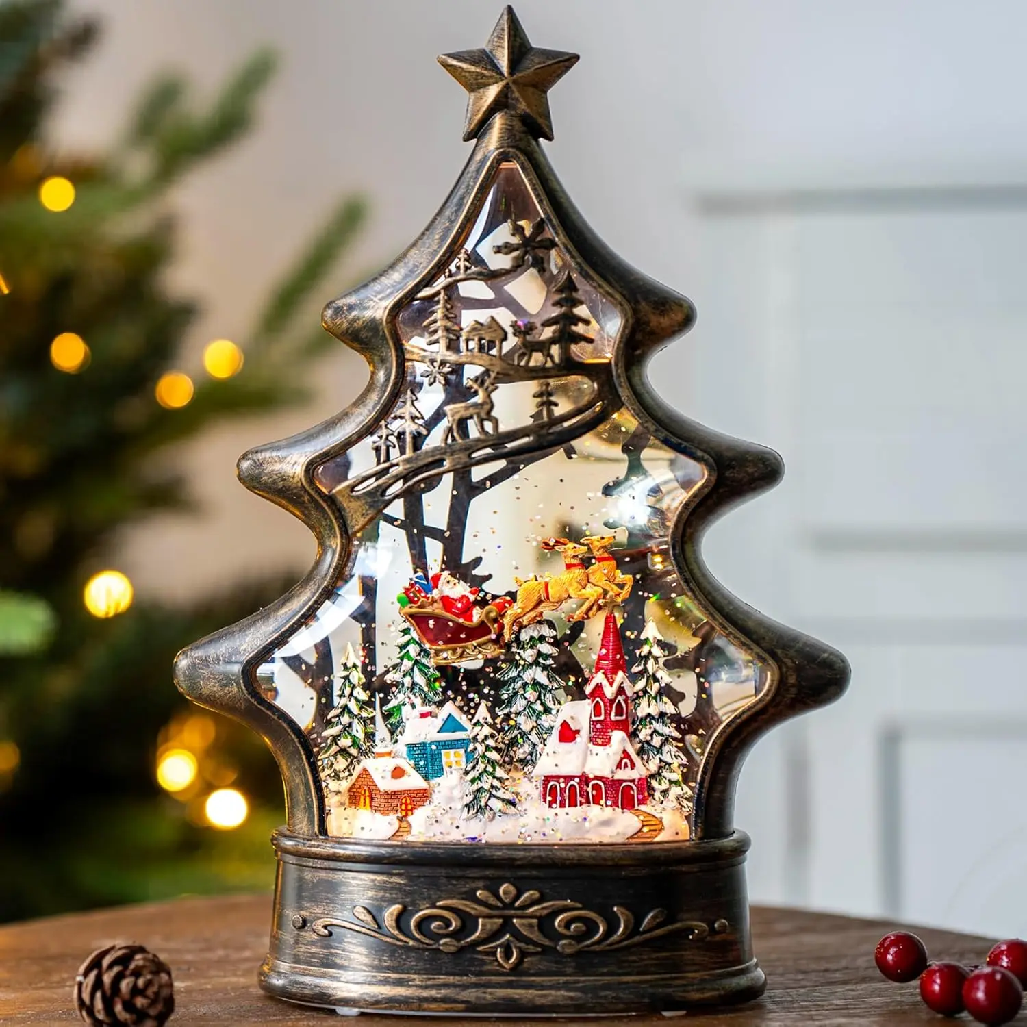 Christmas Snow Globe Lantern Water Glittering Buildings Santa's Deer with Music& Timer, USB Lined and Battery Operated Lighted Lantern for Christmas Festival Decoration Gifts