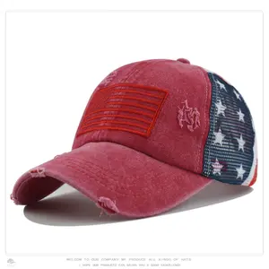 “Criss Cross Stretch Cotton Brushed Embroidered Baseball Cap with American Flag Print Mesh for Women – Snap-On Hat in Navy/Red/Pure White”