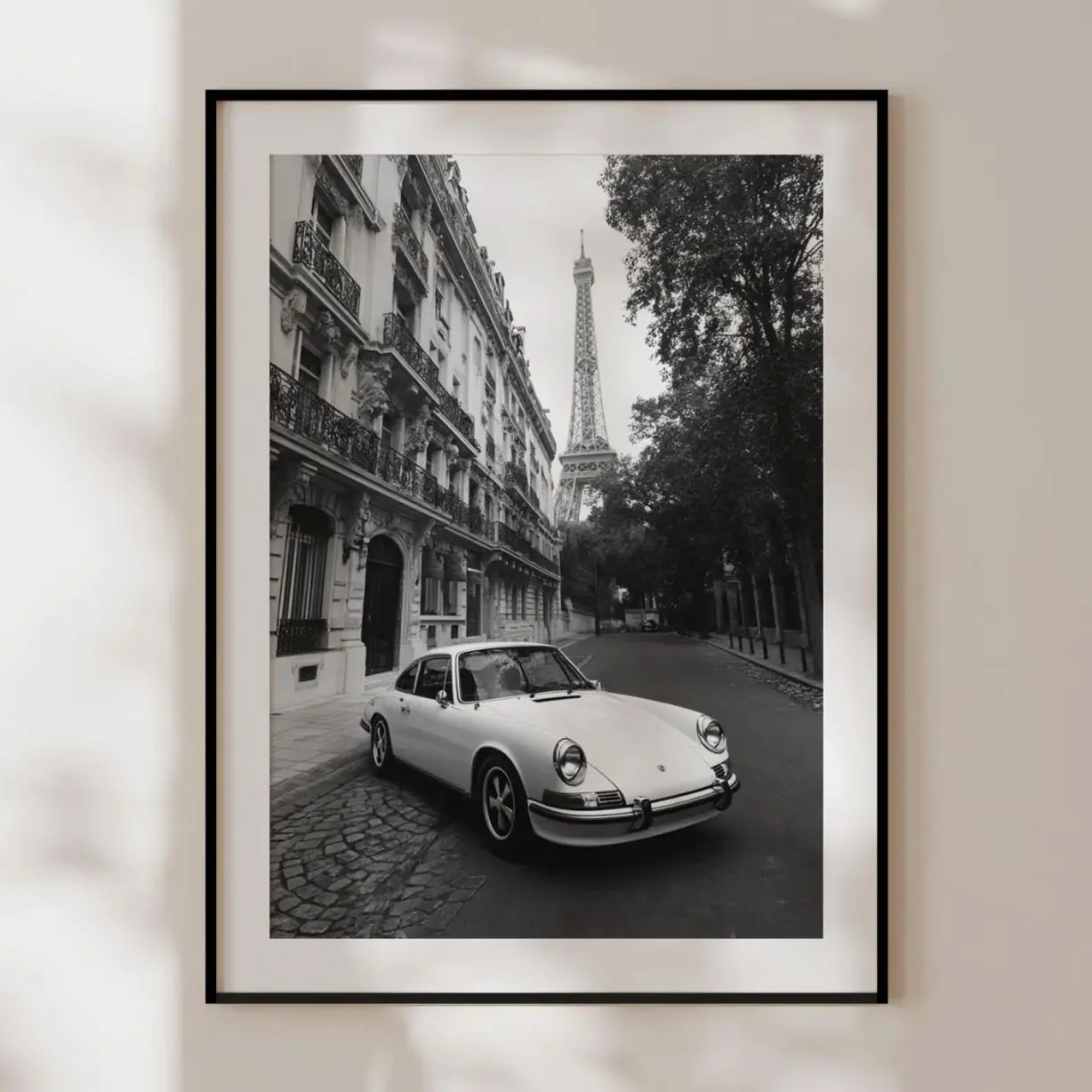 Paris Eiffel Tower Poster Vintage Black White Classic Car Wall Art I