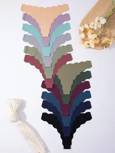 Women's Solid Color Wave Trim Thong, Soft Comfy Breathable Seamless Panty for Daily Wear, Ladies Pastel Underwear for All Seasons