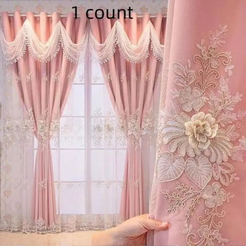 1 count European Double Layer Curtains with Wavy Valance Mullti Color Window Curtain Room Decor Curtain for Living Room Luxury Flower Embroidered Curtains for Bedroom Ready Made Curtains